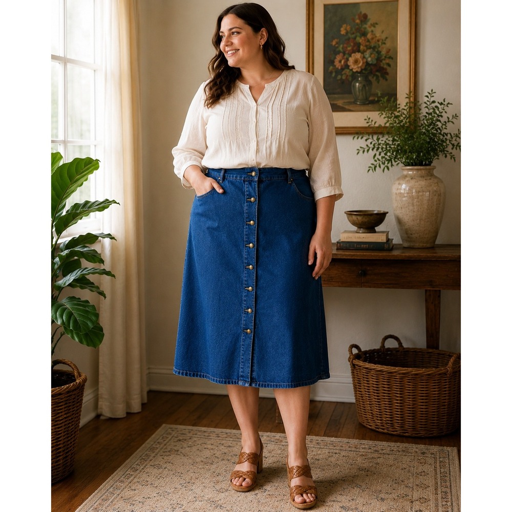 Woman Within Denim Maxi Skirt Women 20W Dark Wash Excellent Button Front Cotton